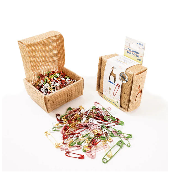 Coloured Safety Pins in Jute Box